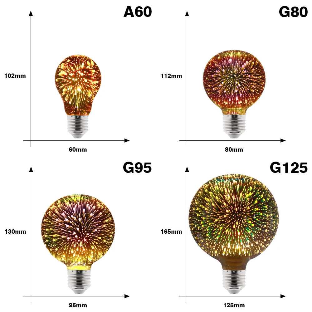 E27 LED Light Bulb 220V A60 ST64 G80 G95 G125 Novelty Indoor Holiday Christmas Decor Lighting 3D Decoration Firework Bulb Lamps